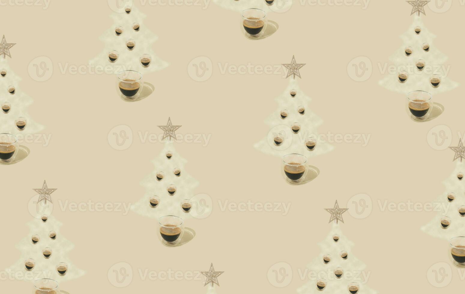 Creative pattern of Christmas tree made of steaming coffee with silver star on the top against cream pastel background. Winter holiday concept. Minimal New Year background. Trendy Christmas idea. photo