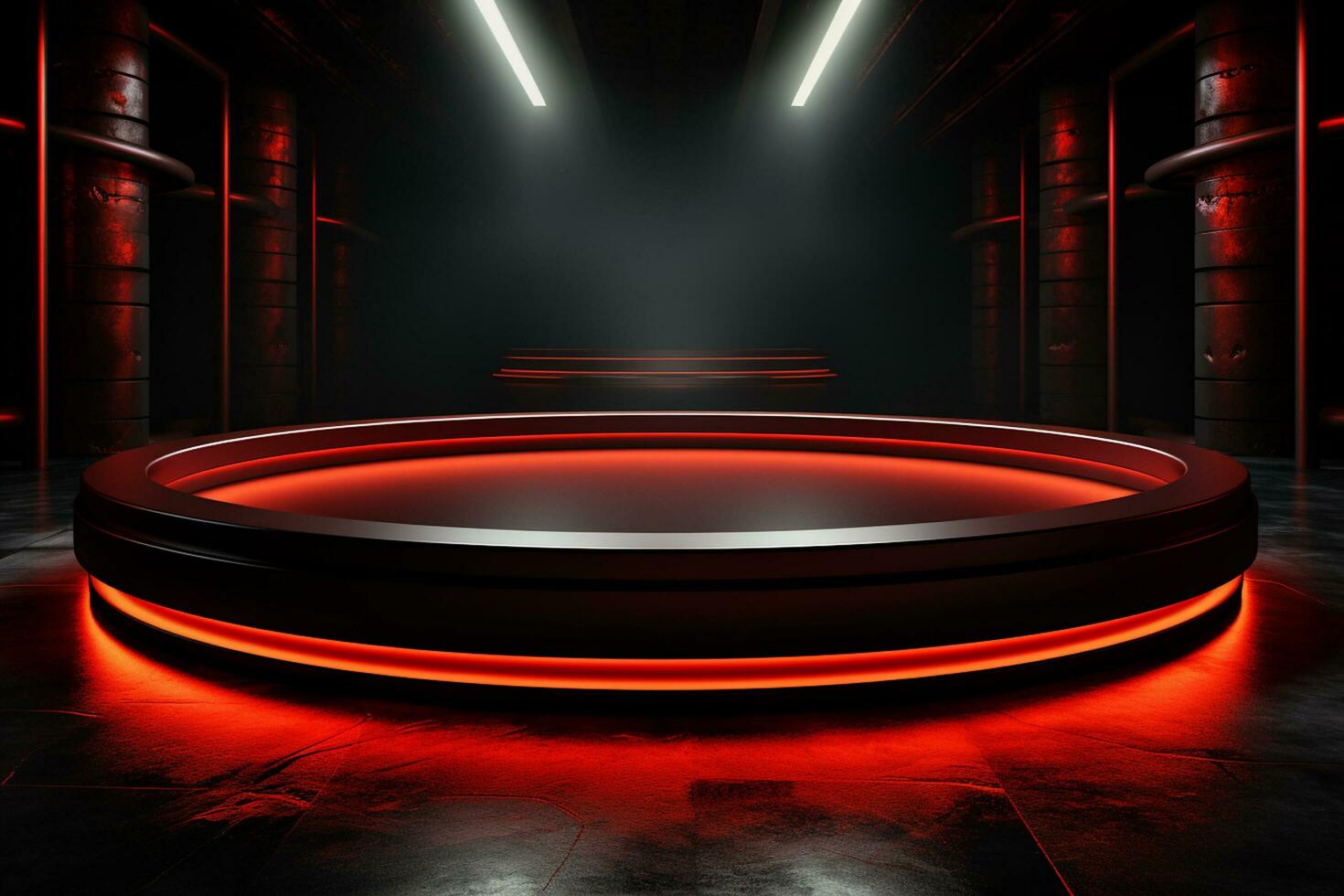 Ai Generated photo red light round podium and black background for mock up realistic image