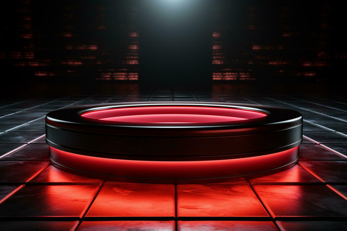 Ai Generated photo red light round podium and black background for mock up realistic image