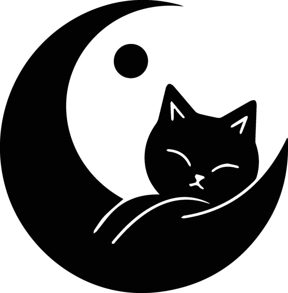 gato y Luna logo en plano línea Arte estilo vector