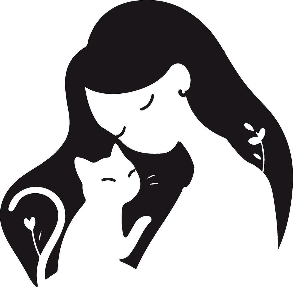 mujer y gato logo en animal clínica concepto en plano línea Arte estilo vector