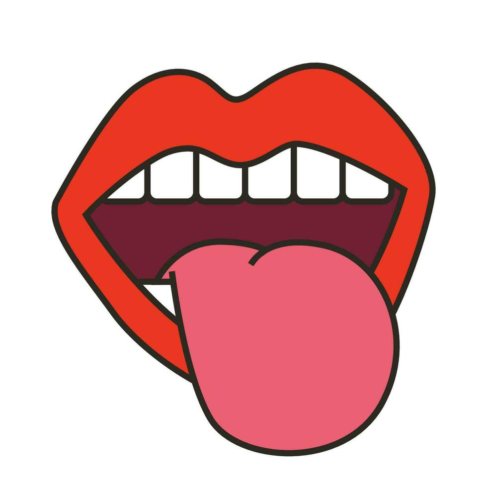 Vector female lips set. woman mouth with a tongue, teeth and cherry