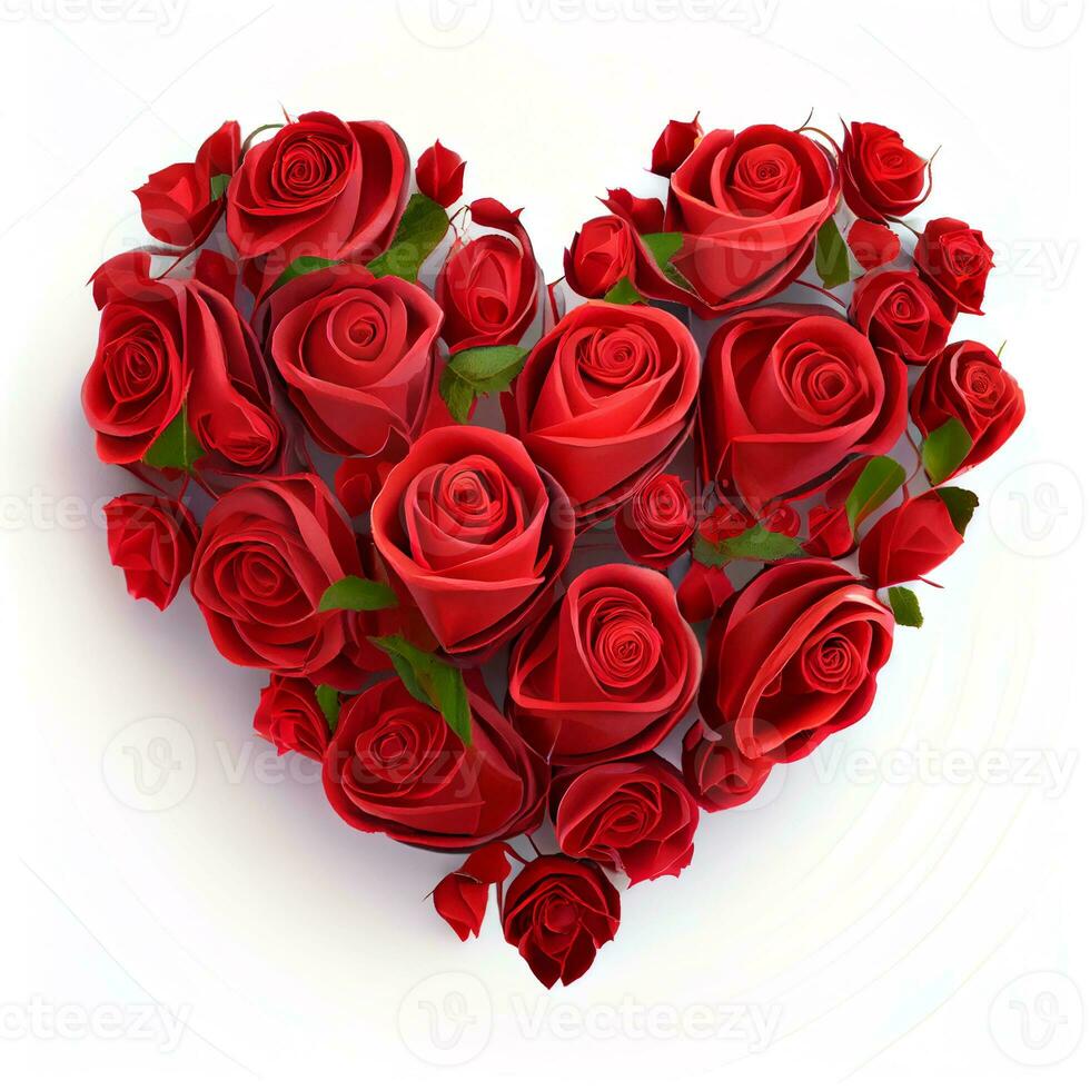 Valentines Day Heart Made of Red Roses Isolated on White Background. Generating Ai. Illustration. photo