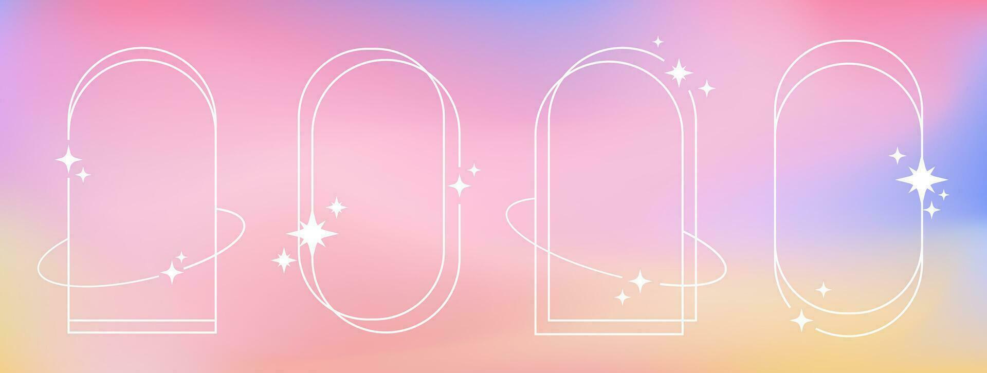 Retro thin white outline frames with stars on a gradient blurred background, liquid aura in Y2K aesthetic. Vector illustration.