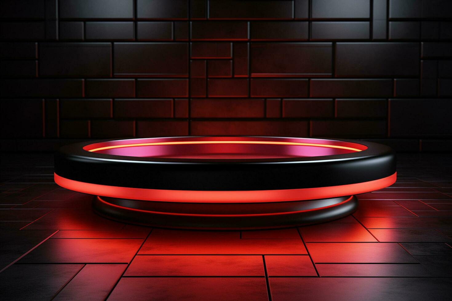 Ai Generated photo red light round podium and black background for mock up realistic image