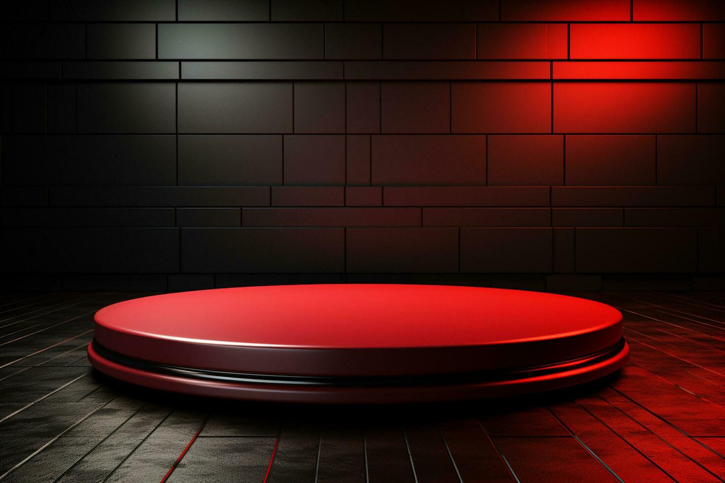 Ai Generated photo red light round podium and black background for mock up realistic image