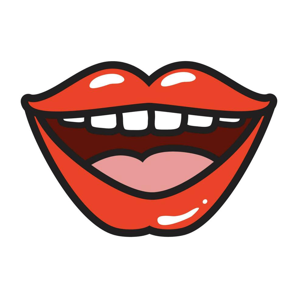 Vector comic female red lips sticker women mouth with lipstick in vintage comic style rop art retro