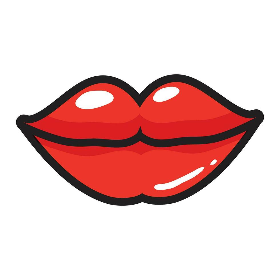 Vector comic female red lips sticker women mouth with lipstick in vintage comic style rop art retro illustration