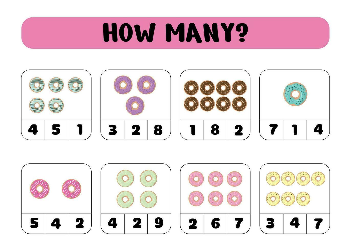 How many donats.Preschool Counting Activities. Printable worksheet. Educational game for children, kids preschool age. Mathematics task. Learning mathematics, numbers.Tasks for addition. vector