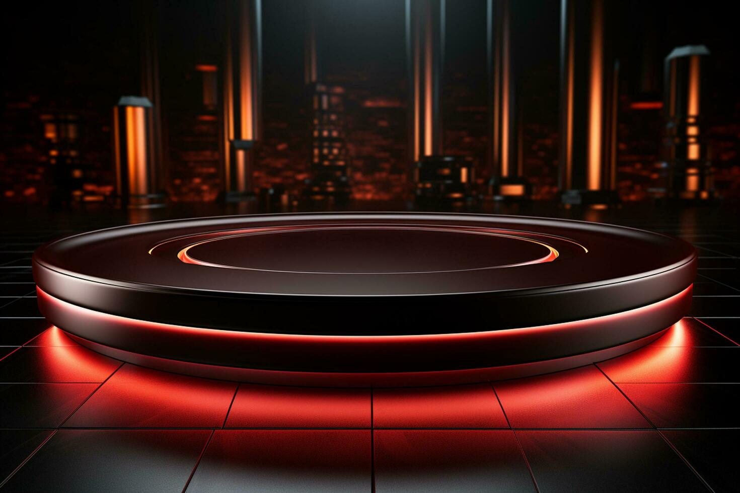 Ai Generated photo red light round podium and black background for mock up realistic image