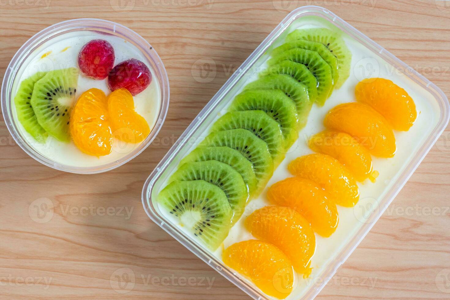 Fruity milk pudding, sweet chocolate silk pudding dessert with fruit topping photo