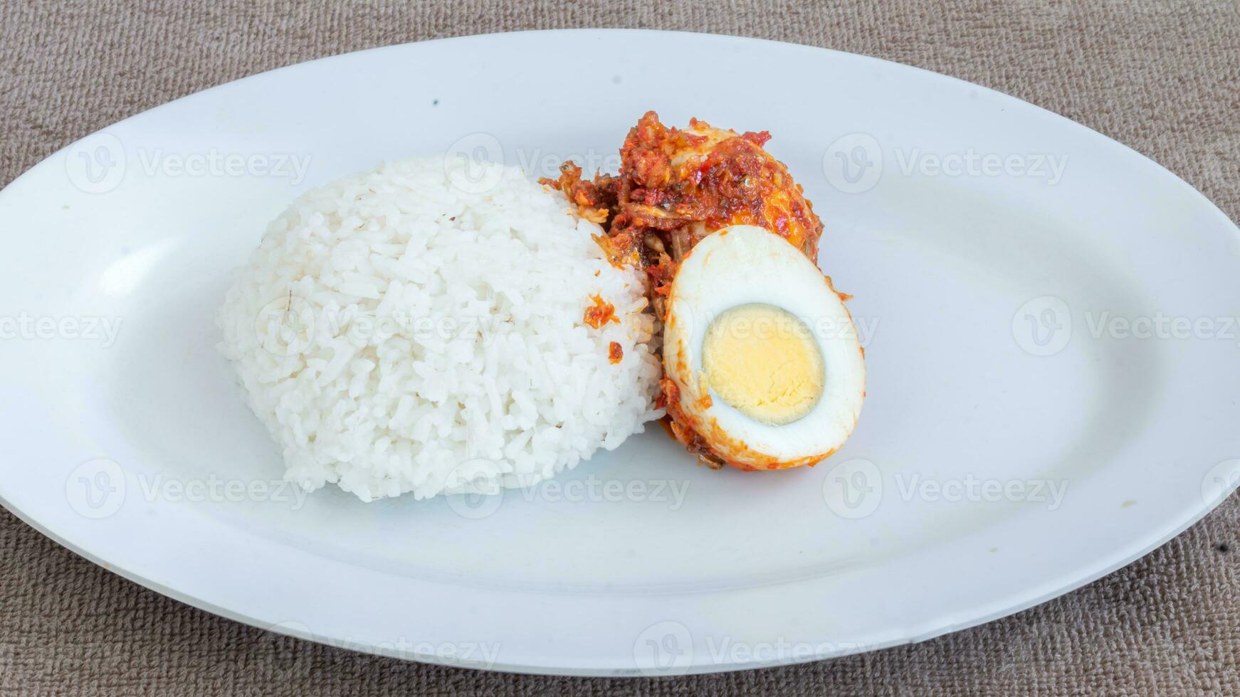 un plato de arroz con salsa balado de huevo, salsa de huevo, anchoas y tofu. servido en un bol sobre un fondo gris. foco seleccionado. foto