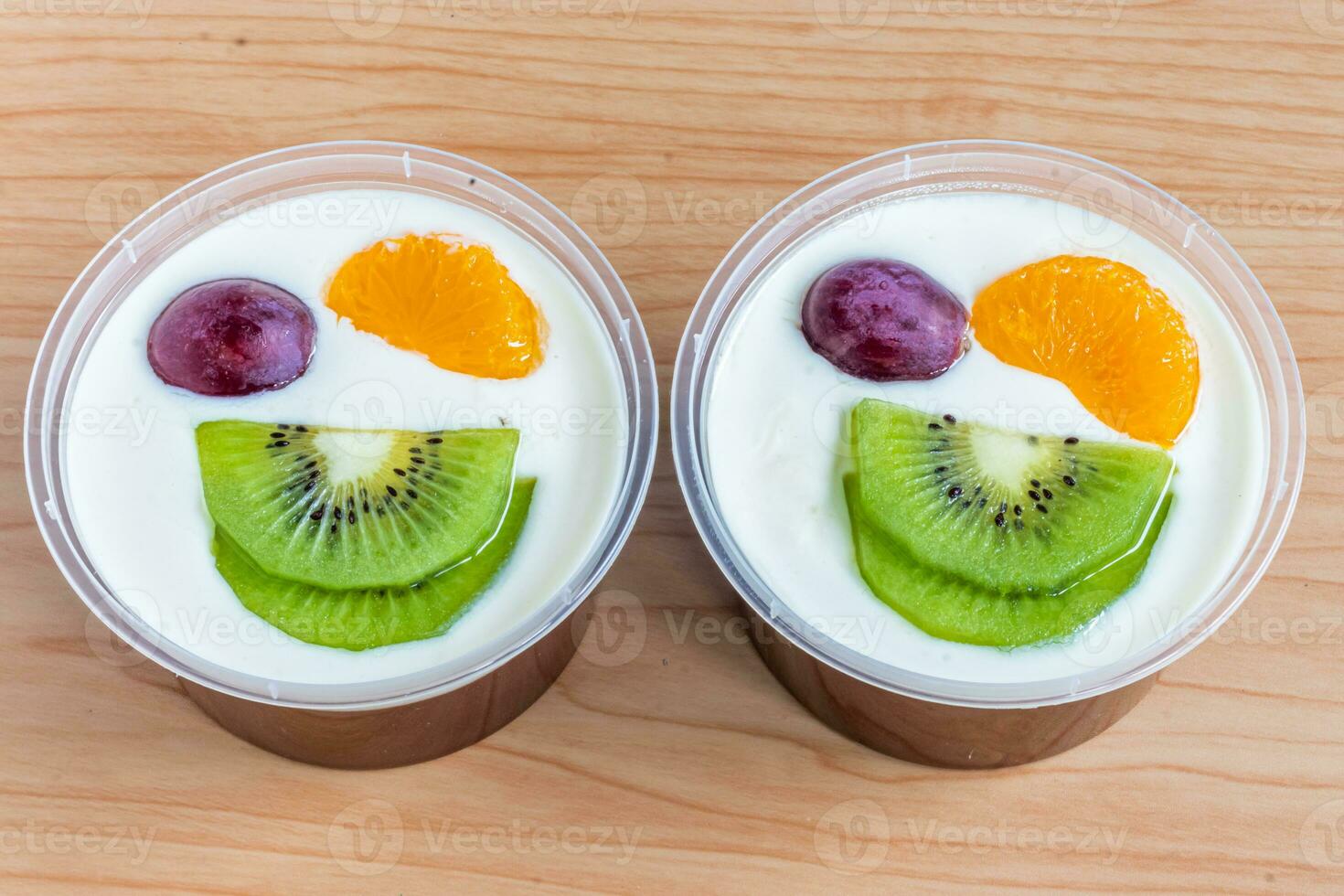 Fruity milk pudding, sweet chocolate silk pudding dessert with fruit topping photo