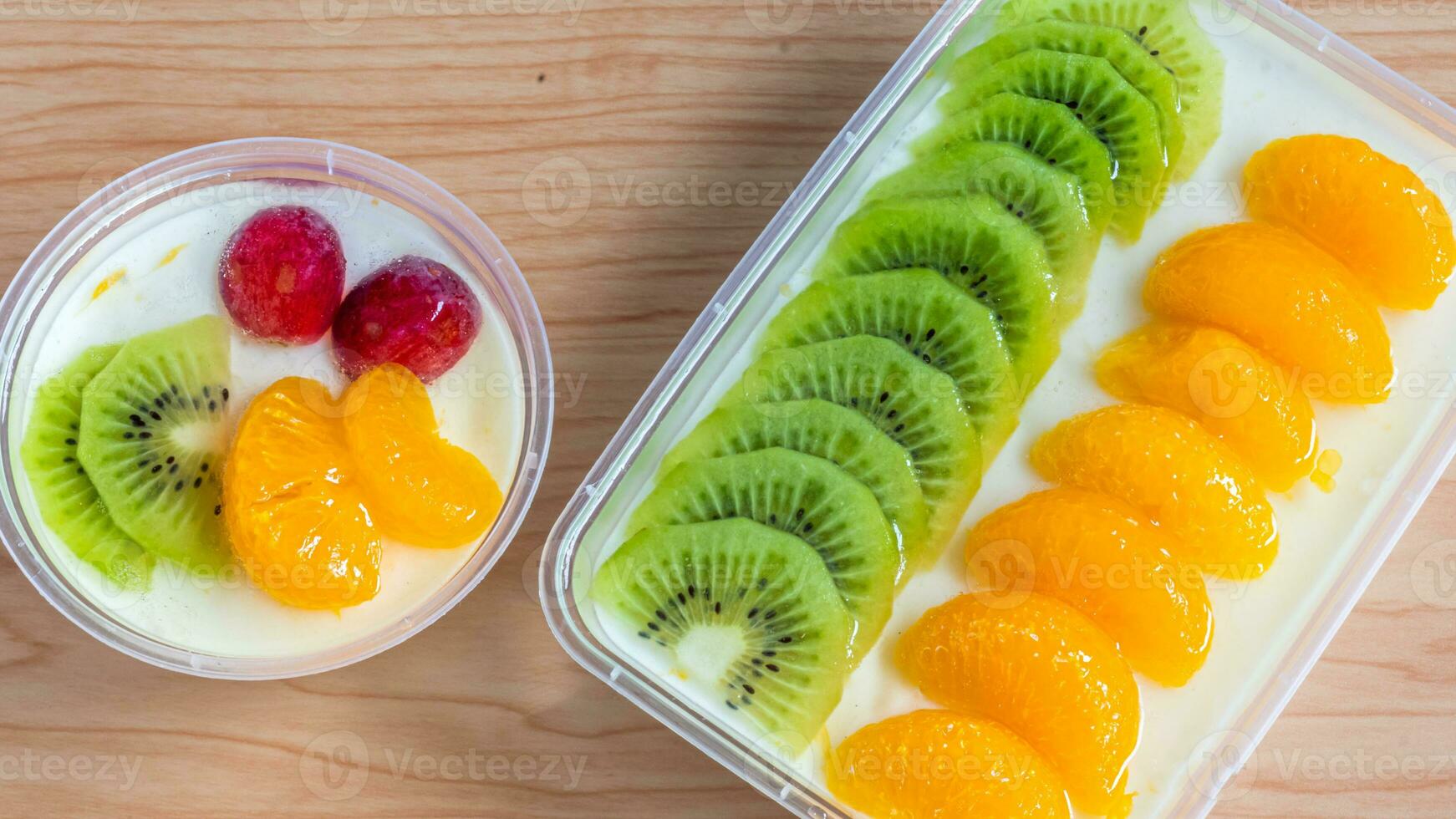 Fruity milk pudding, sweet chocolate silk pudding dessert with fruit topping photo