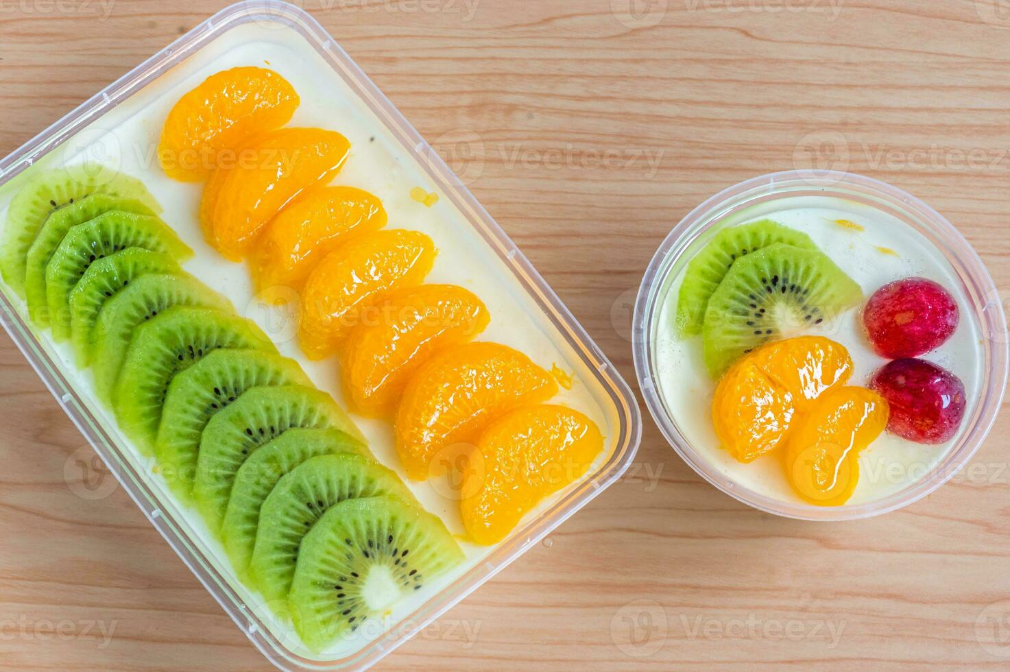 Fruity milk pudding, sweet chocolate silk pudding dessert with fruit topping photo