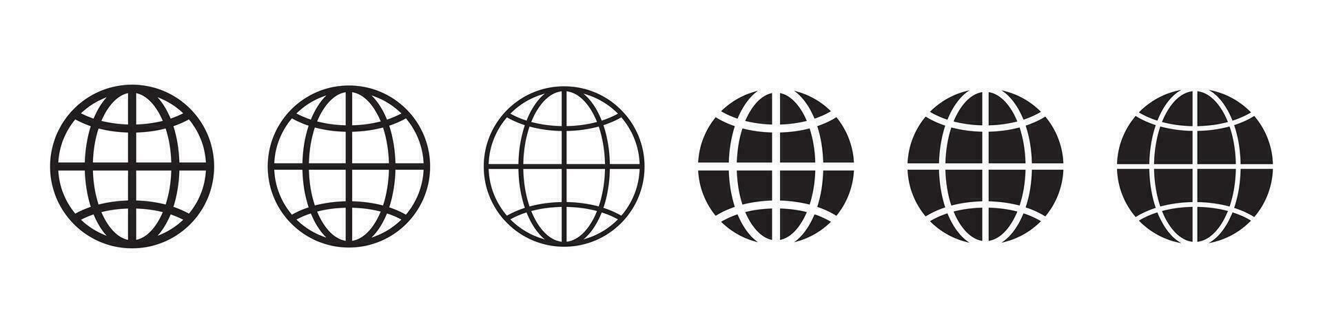 Globe icon, WWW world wide web set site symbol, Internet collection icon, website address globe, flat and outline signs. vector