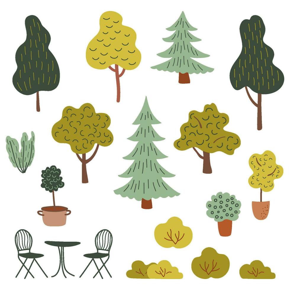 Different types of trees, bushes, decorative potted plants, garden furniture. Simple plant set. Flat style hand drawn vector illustration.