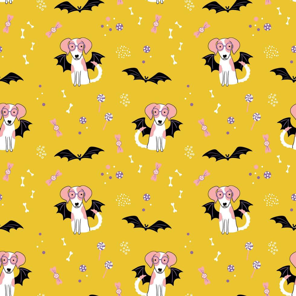 Cute background with dog in a bat costume. Halloween seamless pattern. Pet pawty. Flat style vector illustration.