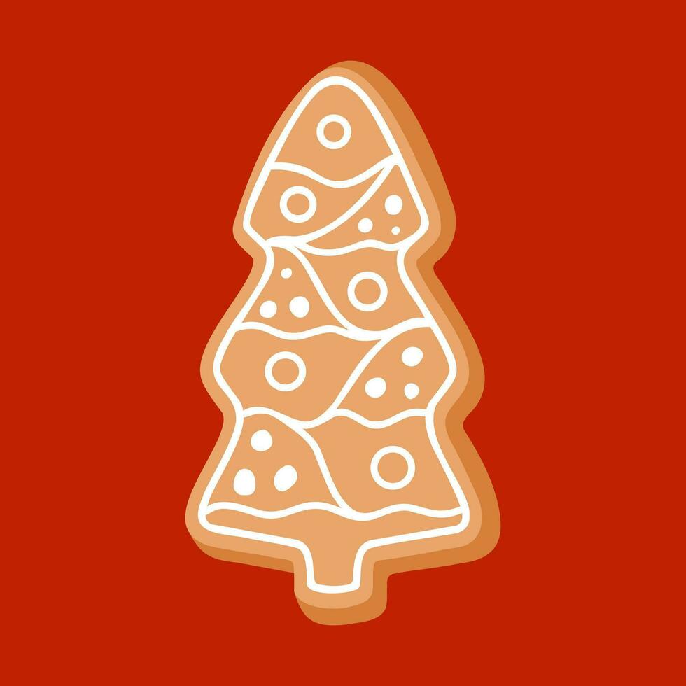 Clip art gingerbread Christmas tree cookie on isolated red background. Hand drawn element for festive celebration of Winter holidays, Christmas, New Year, for paper crafts, scrapbooking or home decor. vector