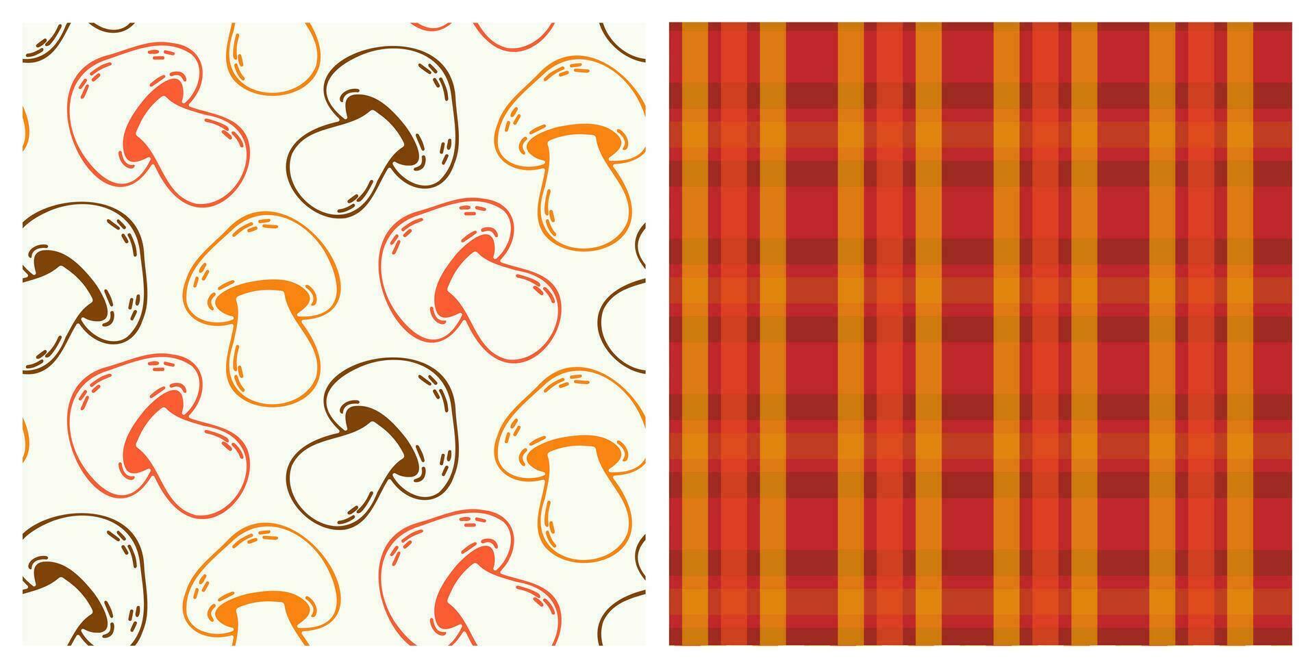 conjunto de sin costura patrones garabatear contorno hongos y rojo tartán textura. mano dibujado antecedentes para otoño cosecha día festivo, acción de gracias, Víspera de Todos los Santos, estacional, textil, álbum de recortes, papel artesanía. vector