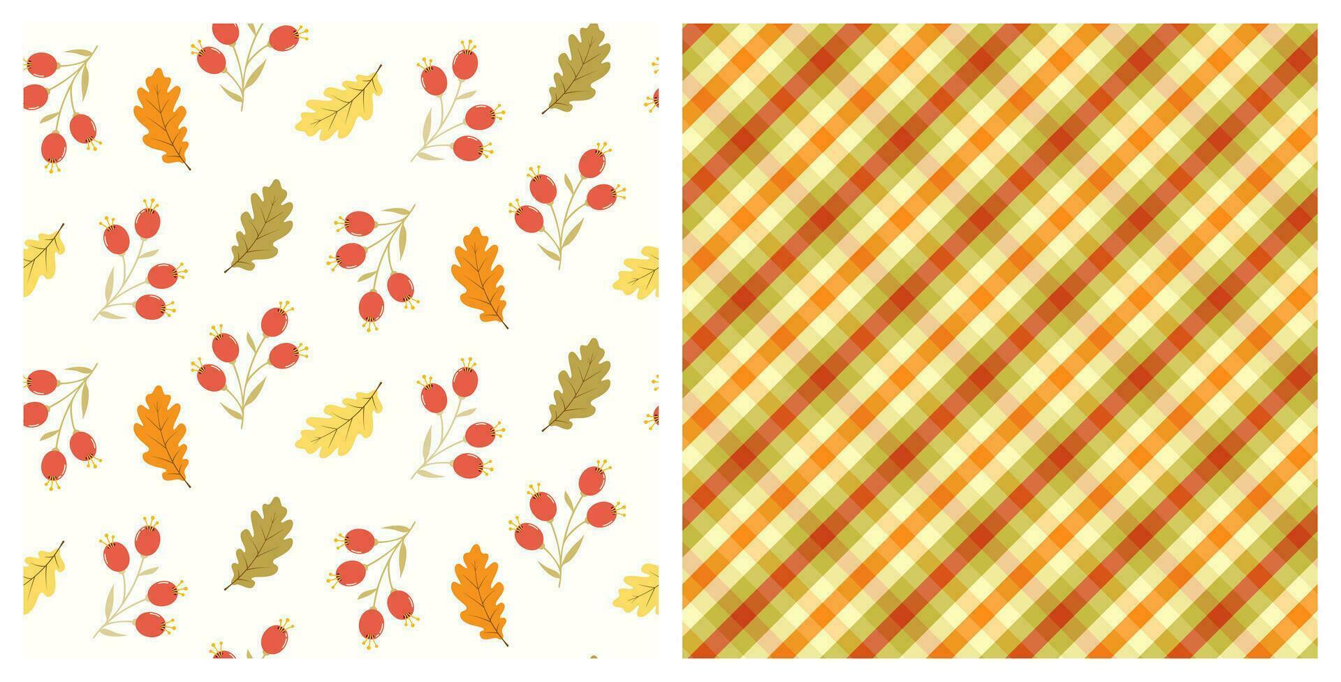 Set of seamless patterns of oak leaves and rose hips on isolated background. Hand drawn background for Autumn harvest holiday, Thanksgiving, Halloween, seasonal, textile, scrapbooking, paper crafts. vector