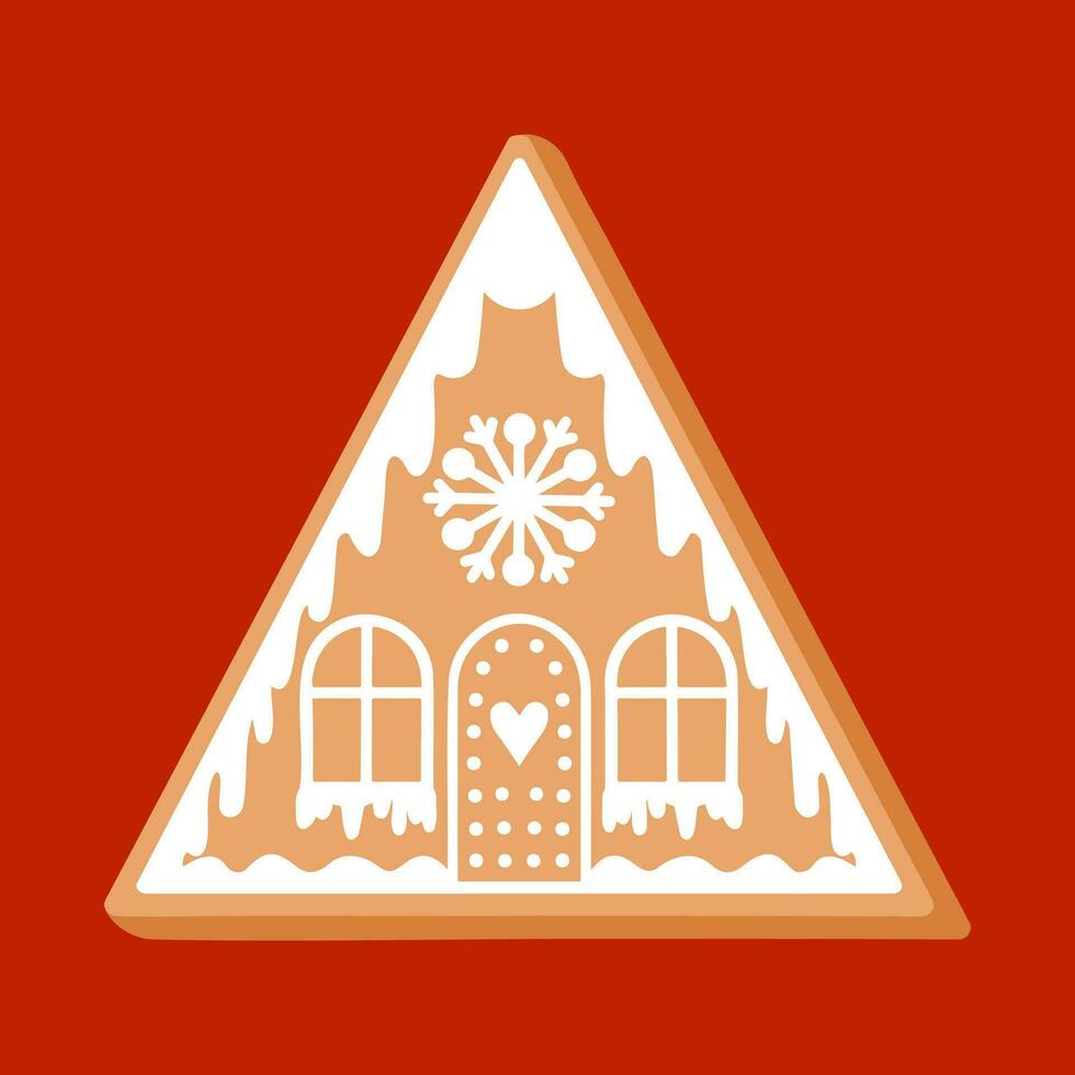 Clip art gingerbread house cookie on isolated red background. Hand drawn element for festive celebration of Winter holidays, Christmas, New Year, for paper crafts, scrapbooking or home decor. vector