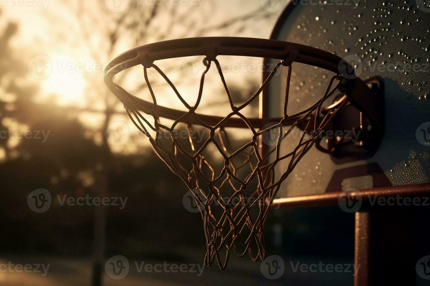 Sunset Basketball Close-Up of a Basketball Hoop in Warm Evening Light. created with Generative AI photo