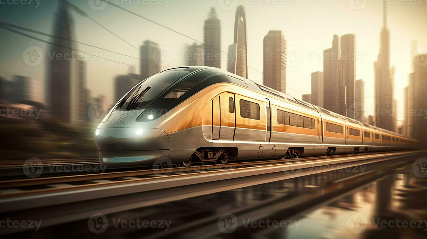 High-speed train ride with blurred cityscape in the background. created with Generative AI photo