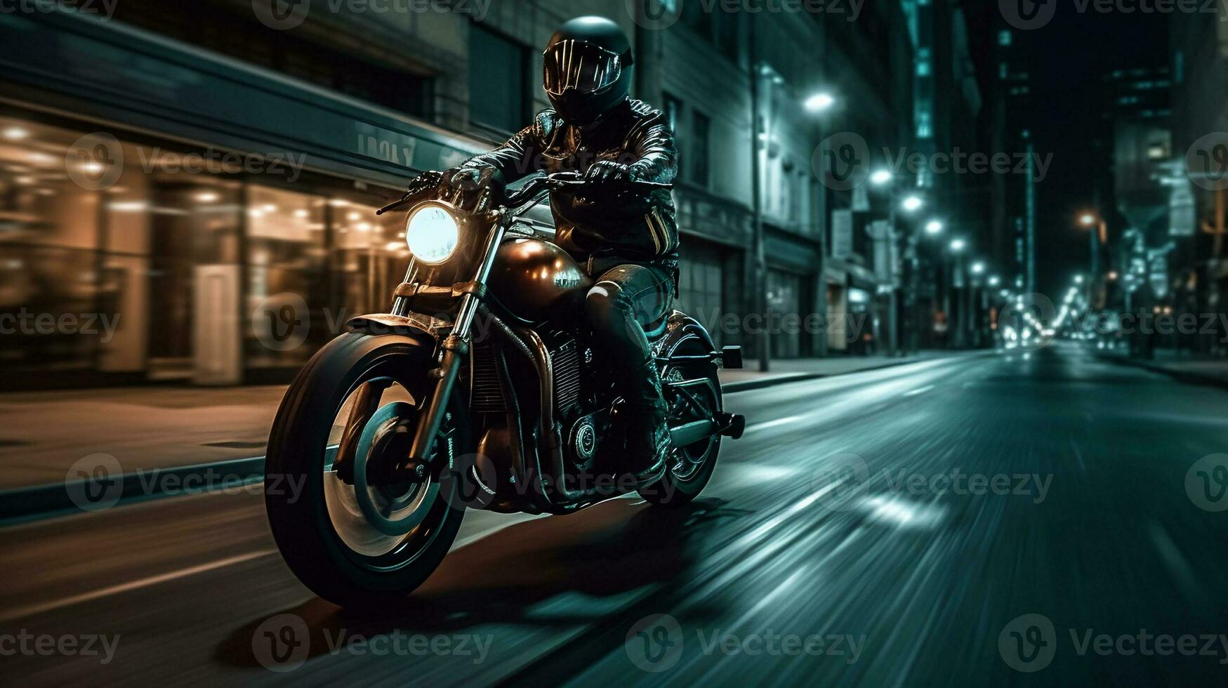 High-speed motorcycle rider racing through a beautiful city at night. created with Generative AI photo
