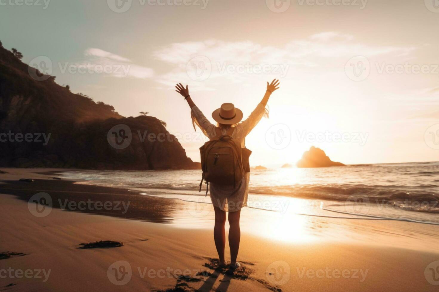 contento mujer con brazos arriba disfrutando libertad a el playa a puesta de sol. bienestar, éxito, libertad y viajar, generativo ai foto