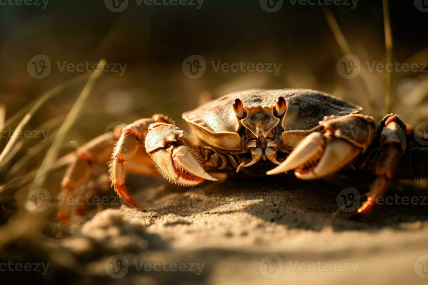 A crab crawls on a sandy beach under the bright sun. The waves of the sea can be seen in the background . Generative AI photo