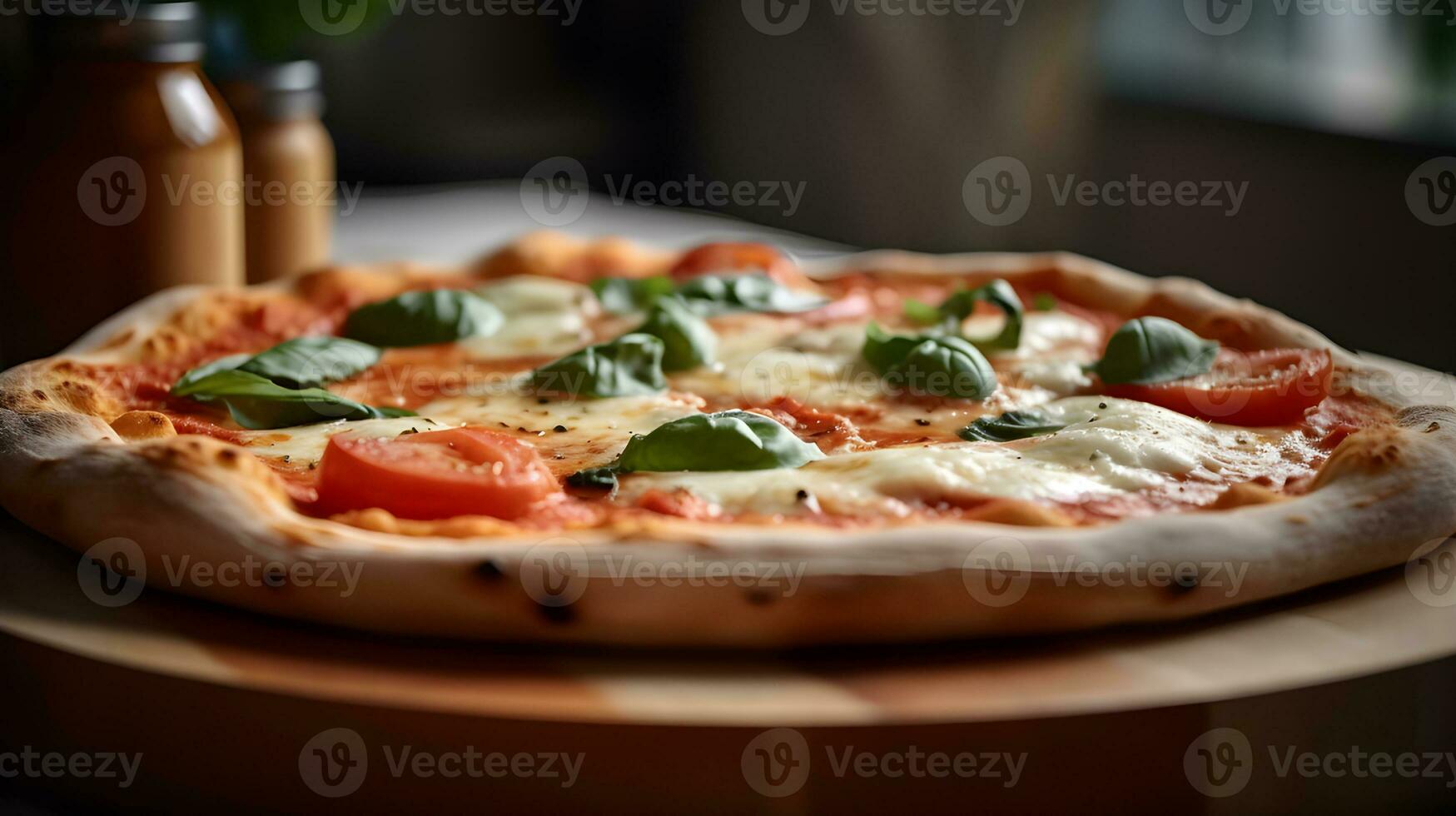 Authentic Margherita Pizza with Fresh Mozzarella and Basil on Wooden Board. Generative AI photo