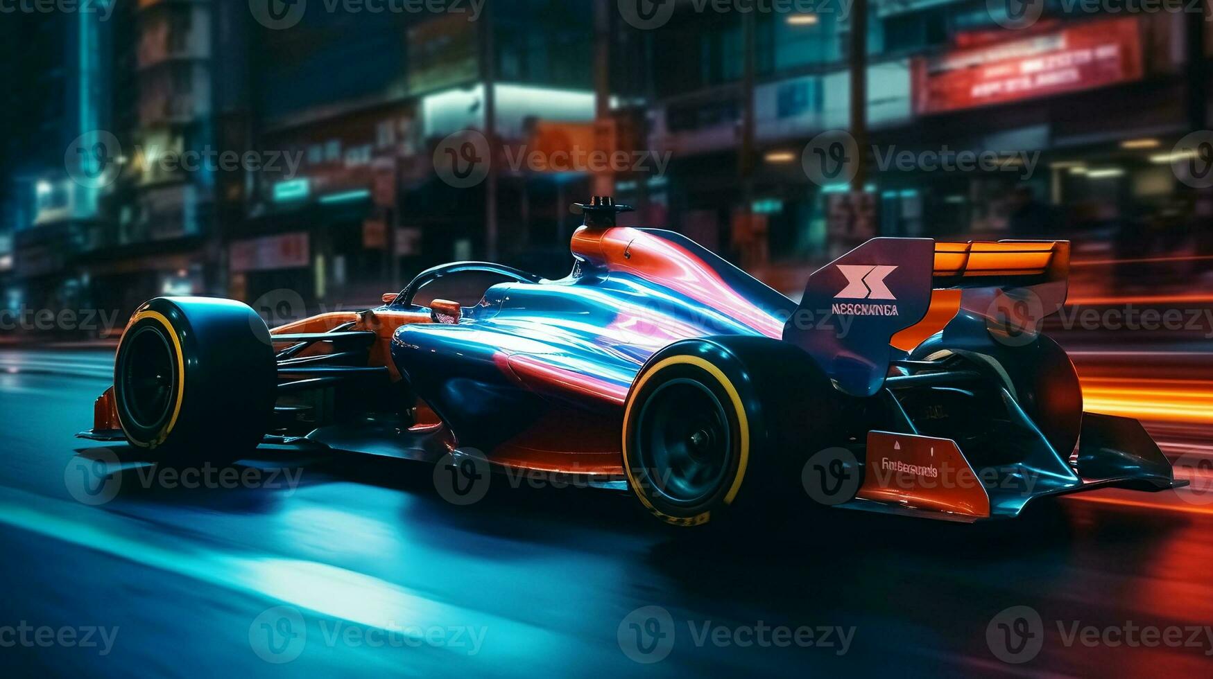 Luxury Formula1 car high speed running through the city streets. created with Generative AI photo