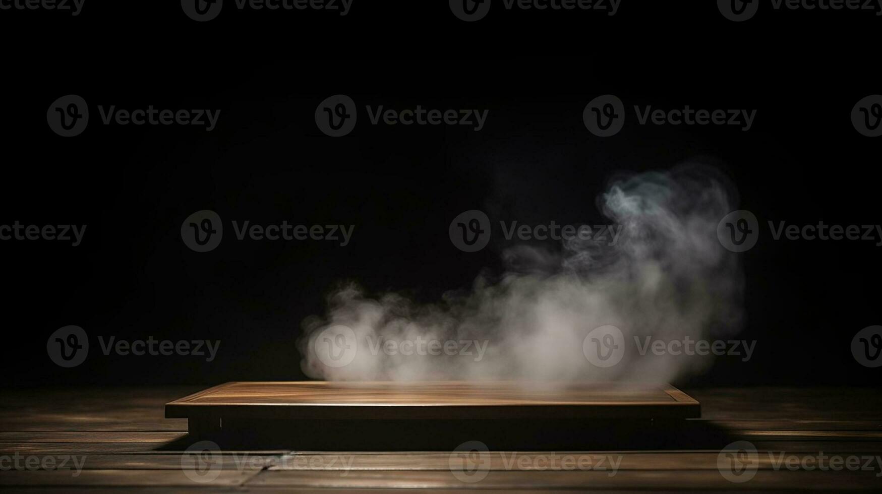 Mysterious Smoke on Empty Wooden Table against Dark Background. created with Generative AI photo