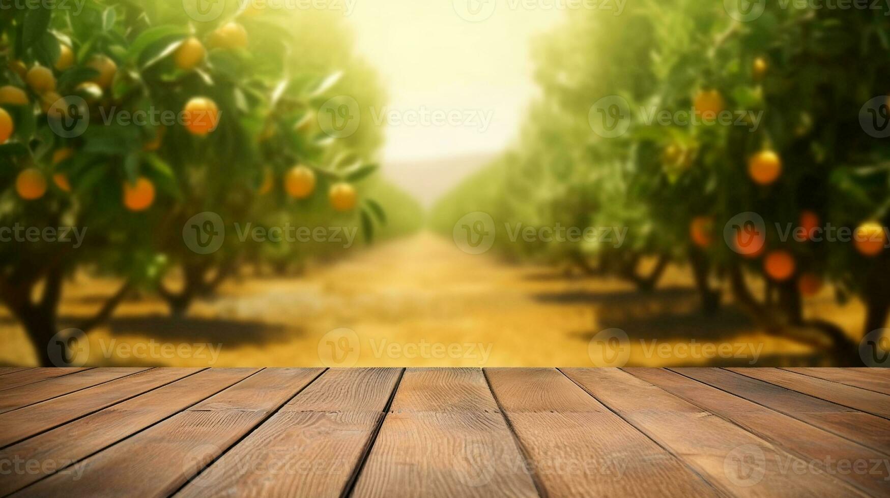 Empty Wood Table with Orange Trees and Field Background. created with Generative AI photo
