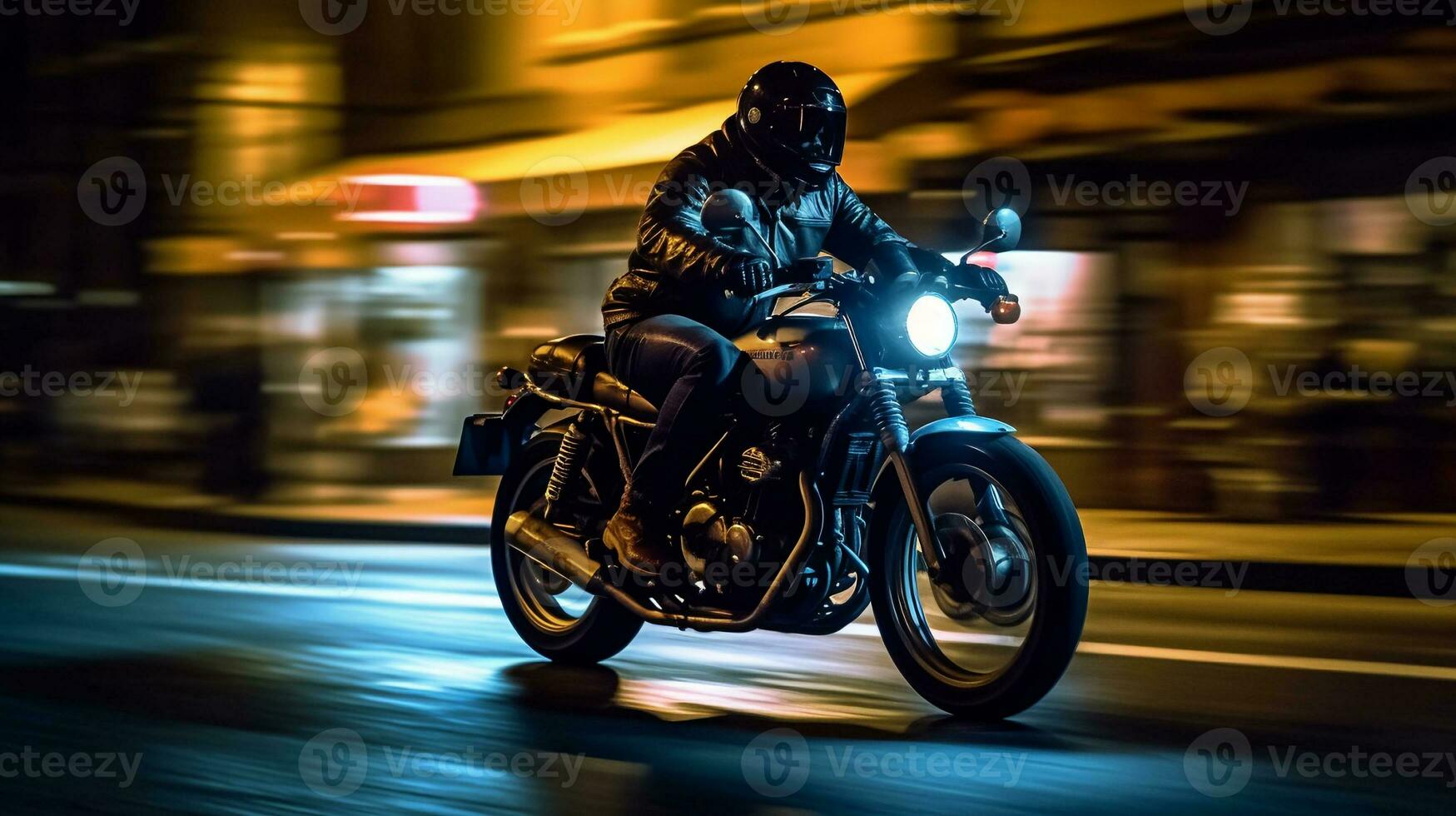 High-speed motorcycle rider racing through a beautiful city at night. created with Generative AI photo