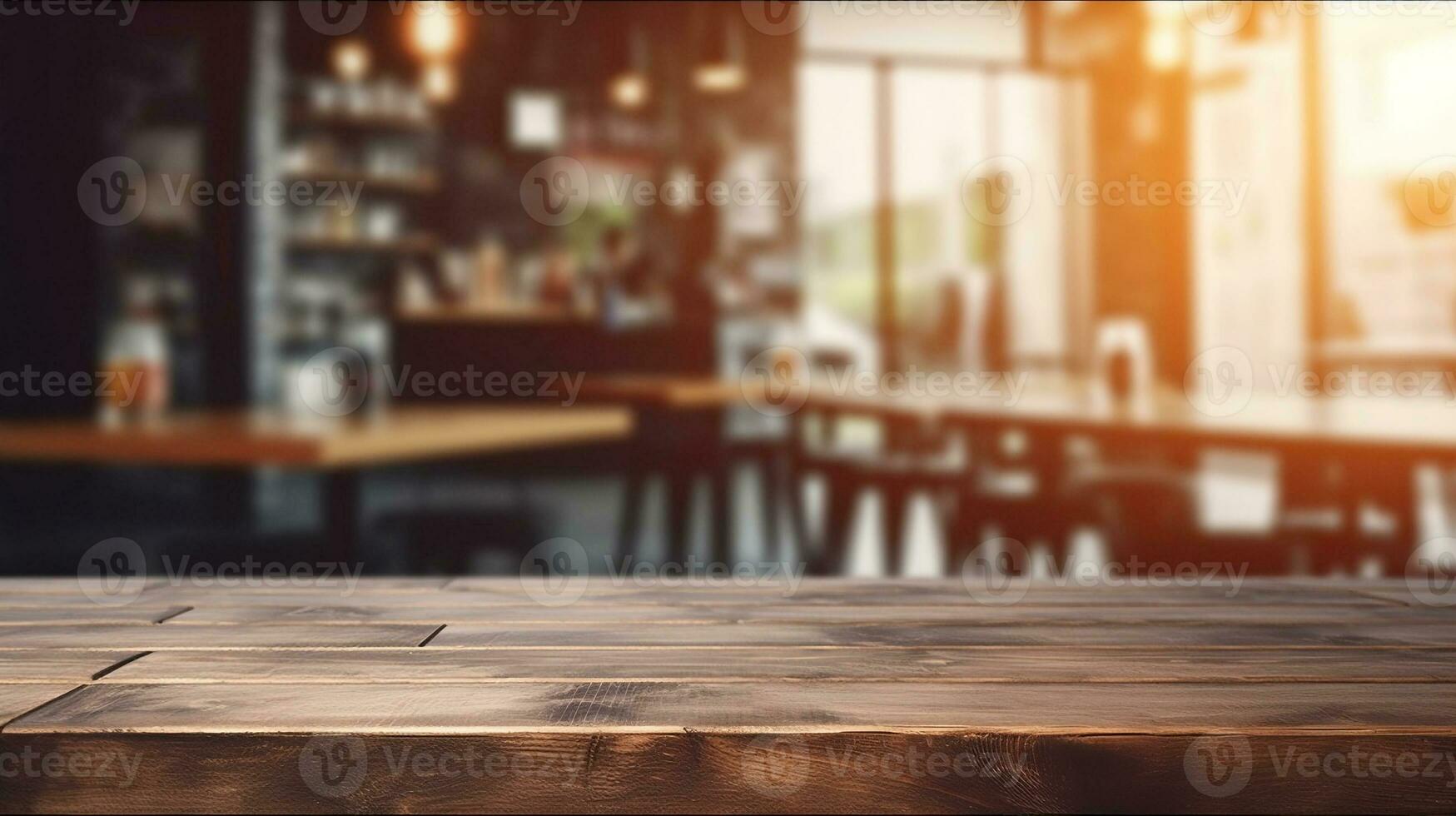 vacío antiguo madera mesa parte superior con borroso bokeh café y café tienda interior antecedentes. creado con generativo ai foto