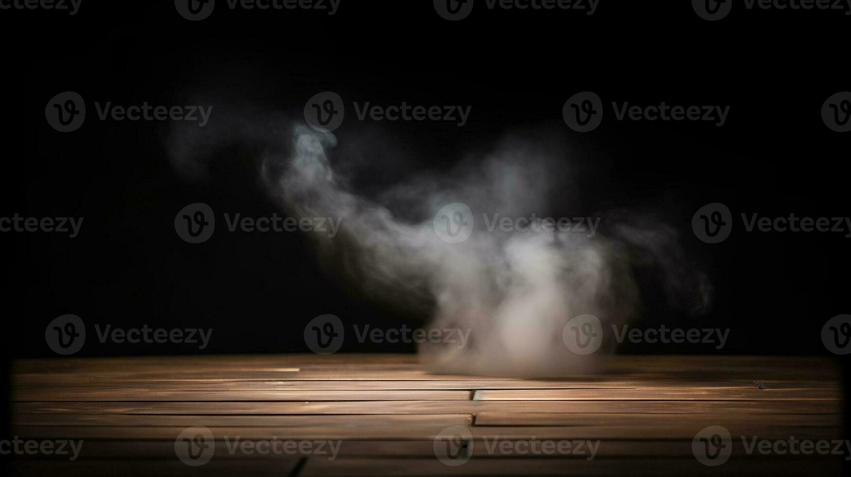 Mysterious Smoke on Empty Wooden Table against Dark Background. created with Generative AI photo