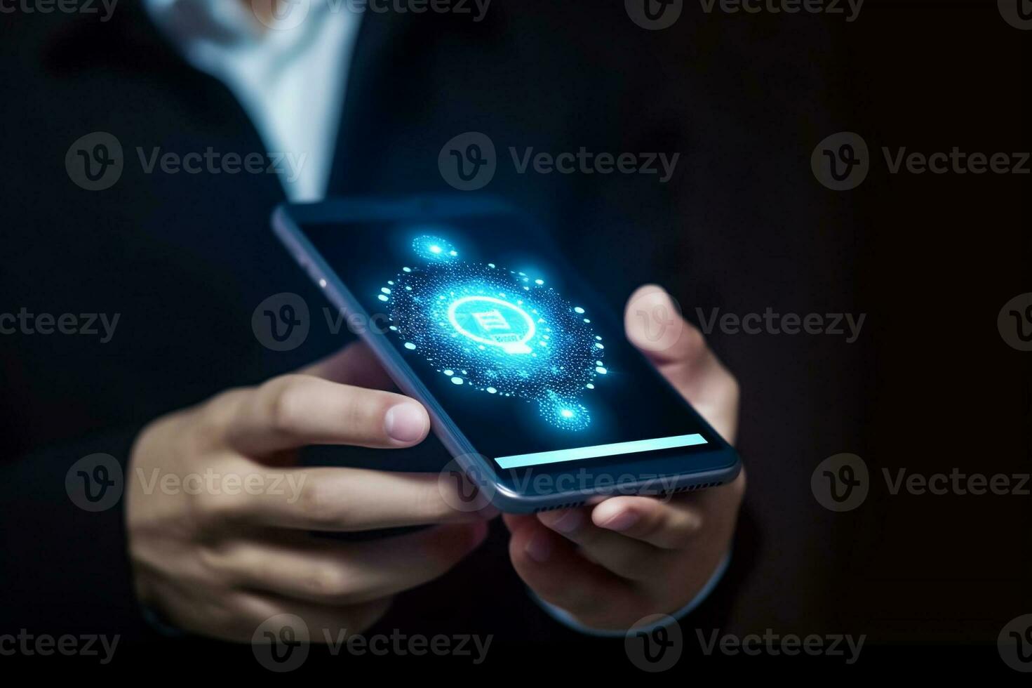 Businessman with Chat Bot on Smartphone for Efficient Communication. created with Generative AI photo