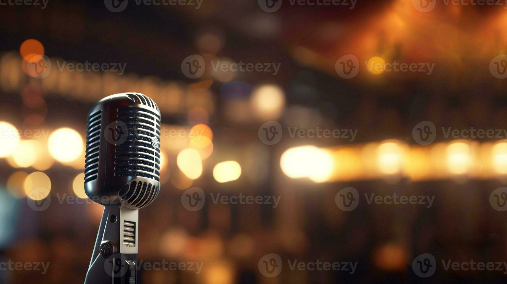 Vintage Microphone on Stage with Bokeh Lights Background. created with Generative AI photo