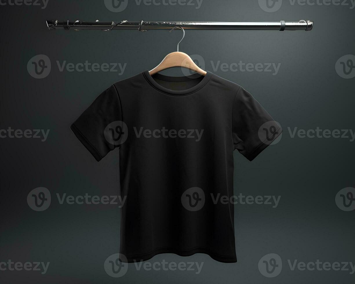 Clean and Minimal black T-Shirt Mockup on a Wooden Rail. Generative AI photo