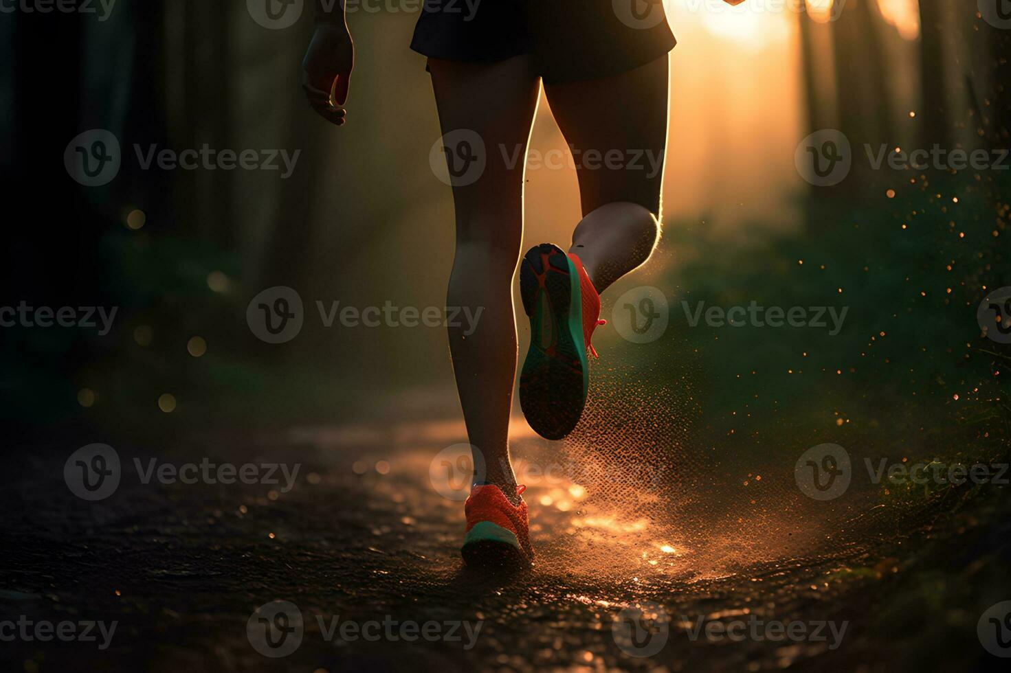 Mañana sendero correr de cerca de hembra del corredor piernas y Zapatos con resumen bokeh luz creada. generativo ai foto