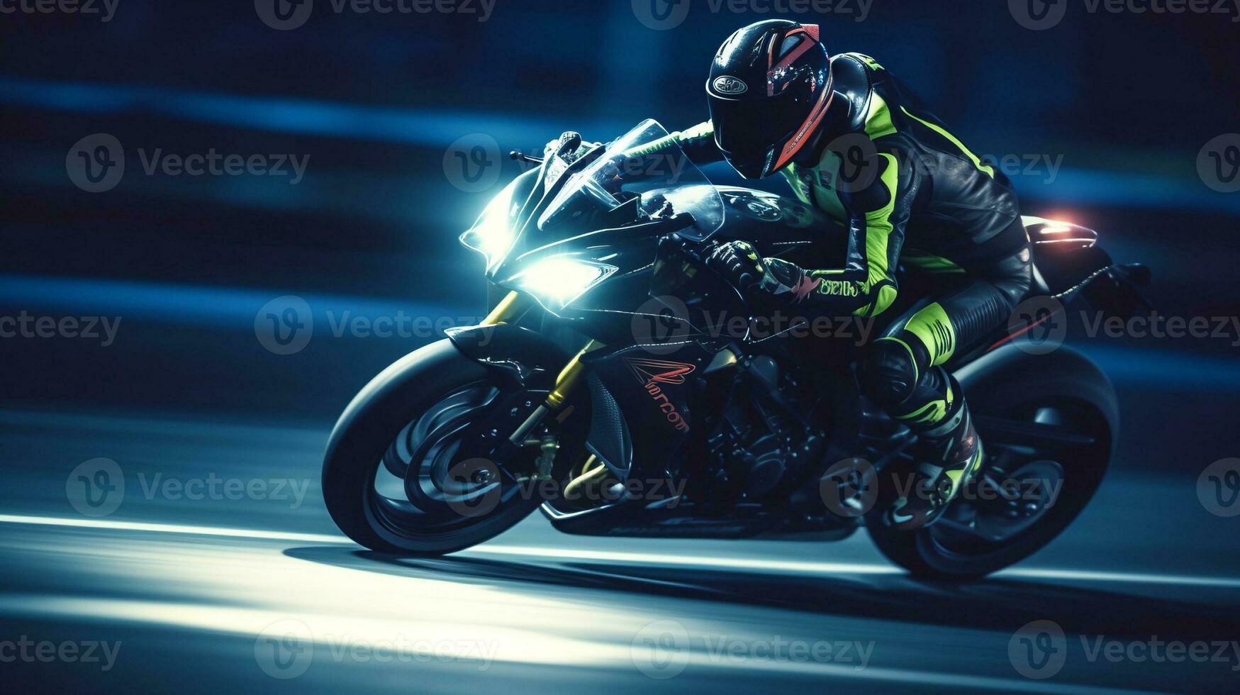 Mad Rider on a Motorcycle Racing at High Speed on Modern Racetrack. created with Generative AI photo