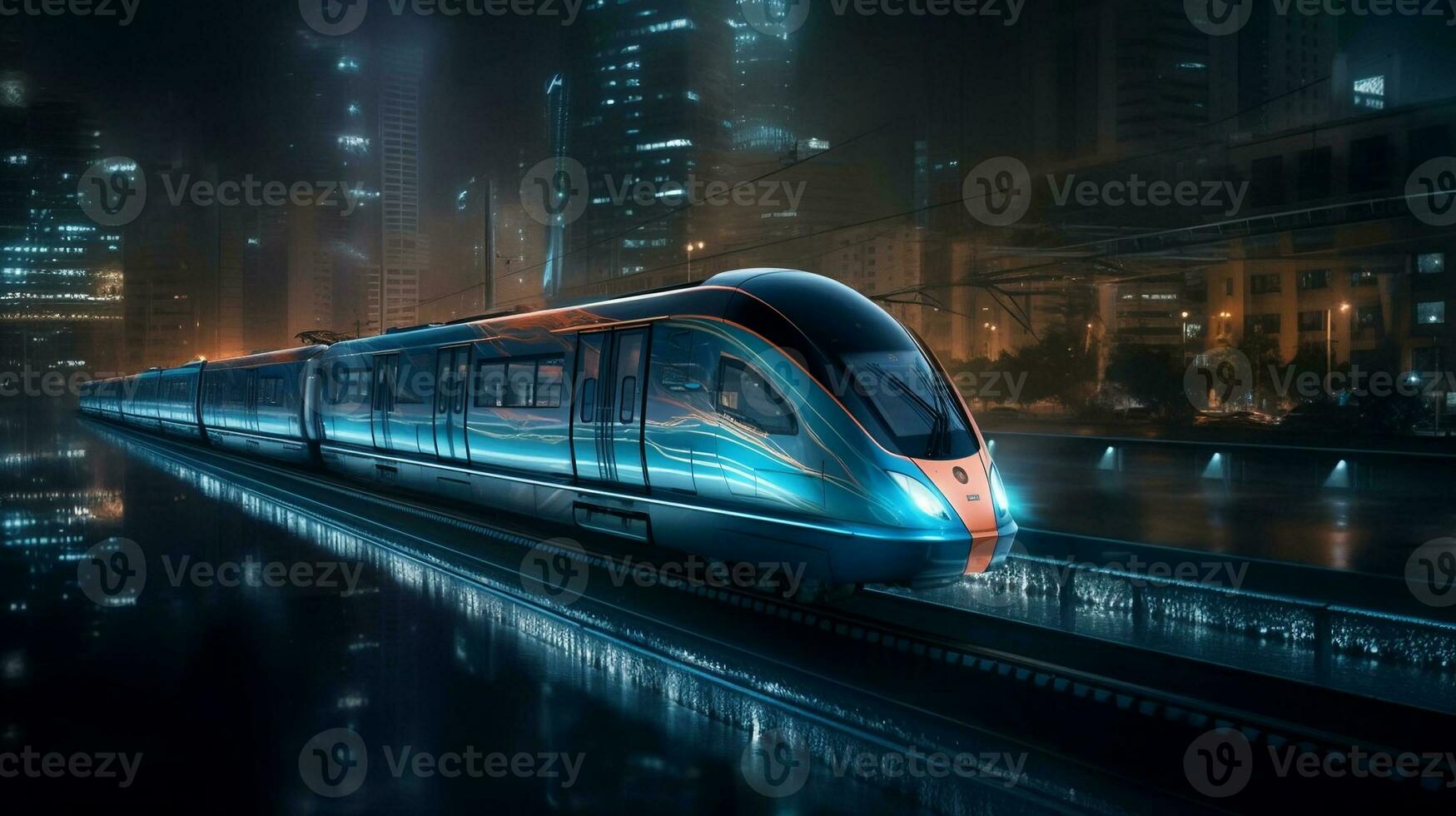High-speed train racing through a beautiful city at night, blurred cityscape in the background. created with Generative AI photo