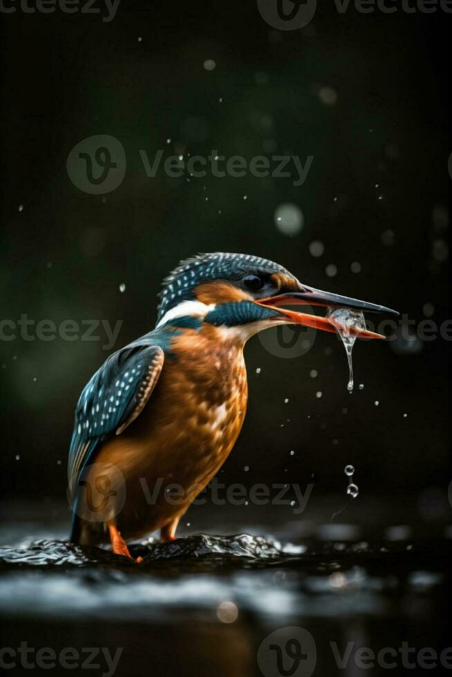 the beauty of nature as a kingfisher catches a fish in cinematic lighting, Generative AI photo