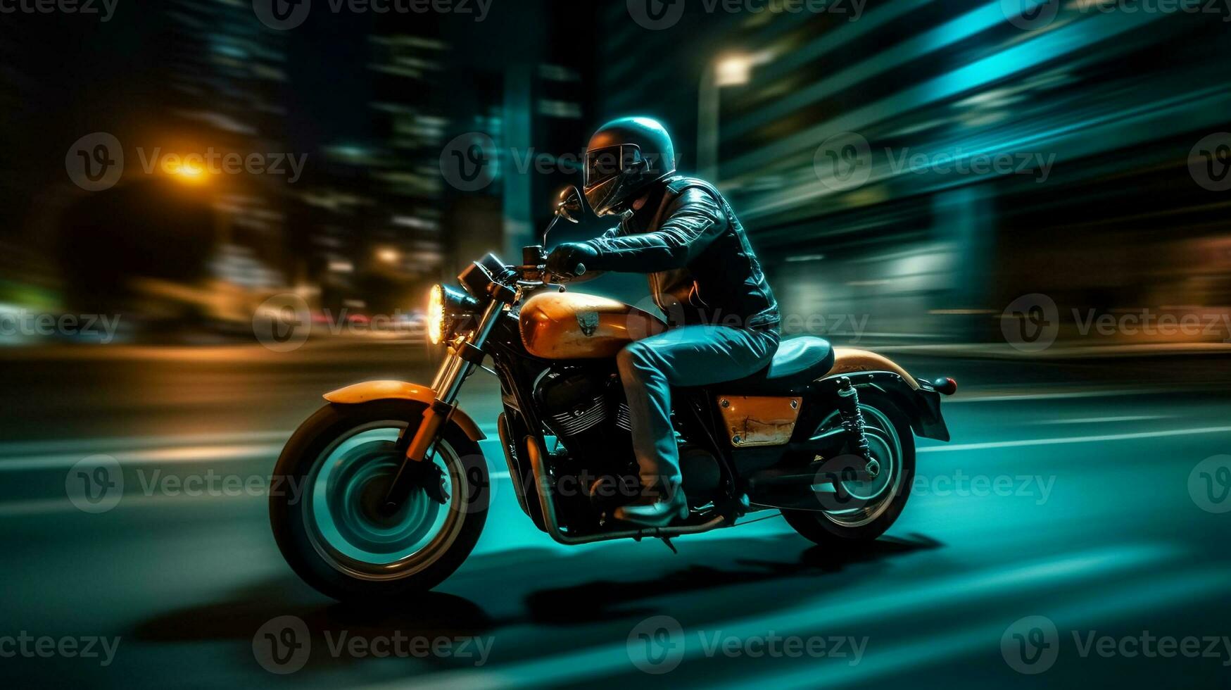 High-speed motorcycle rider racing through a beautiful city at night. created with Generative AI photo