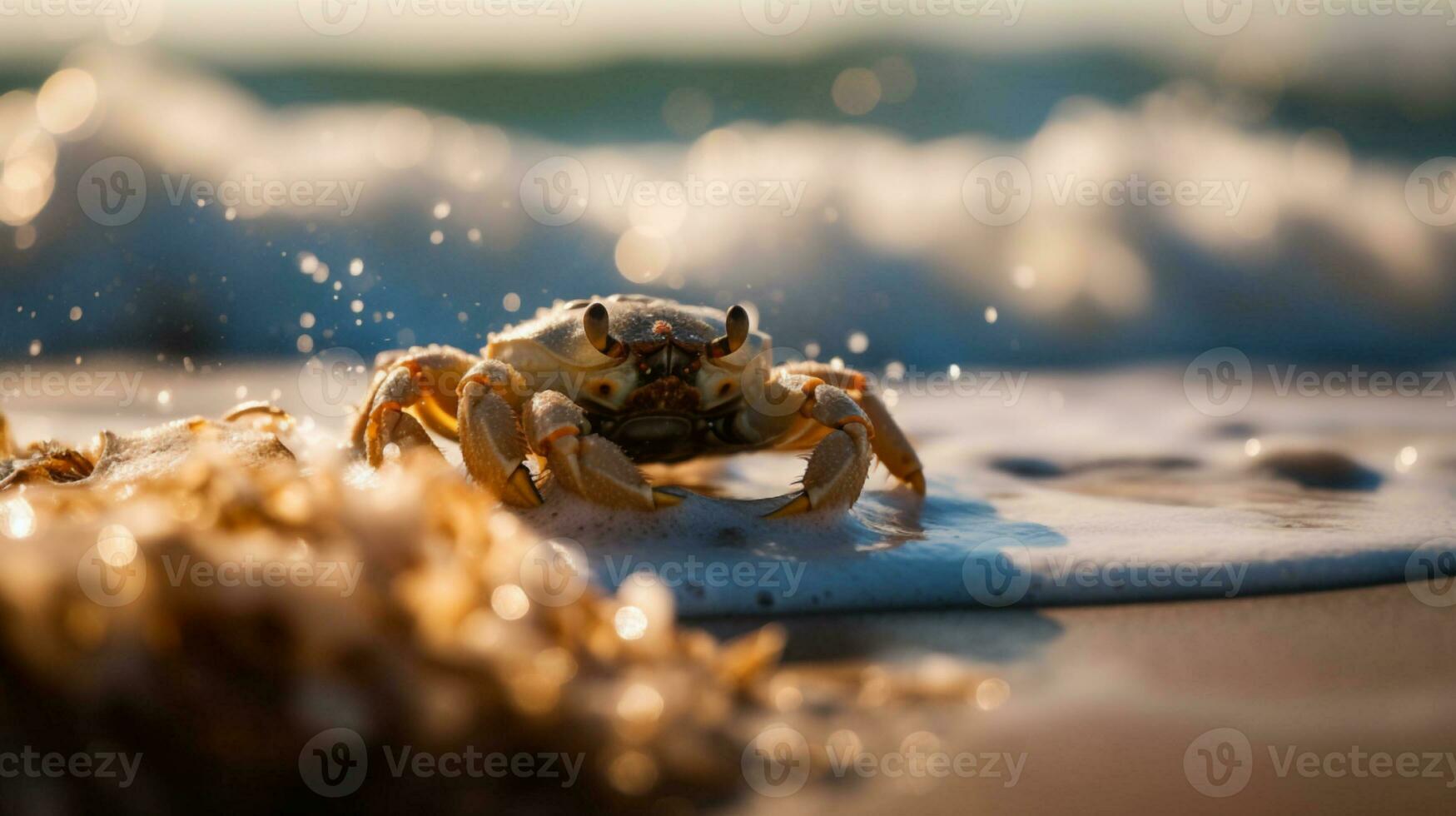 A crab crawls on a sandy beach under the bright sun. The waves of the sea can be seen in the background . Generative AI photo