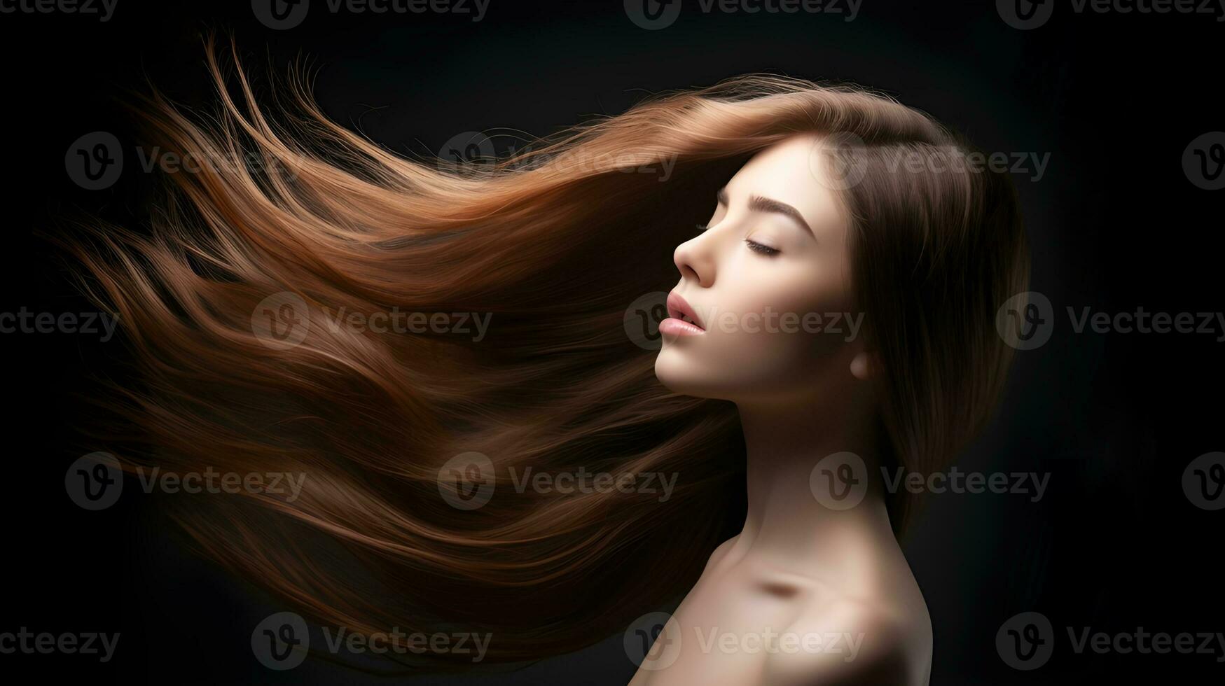 Dynamic Hair Portrait of a Young Woman Model Posing with Swinging Head Motion. created with Generative AI photo