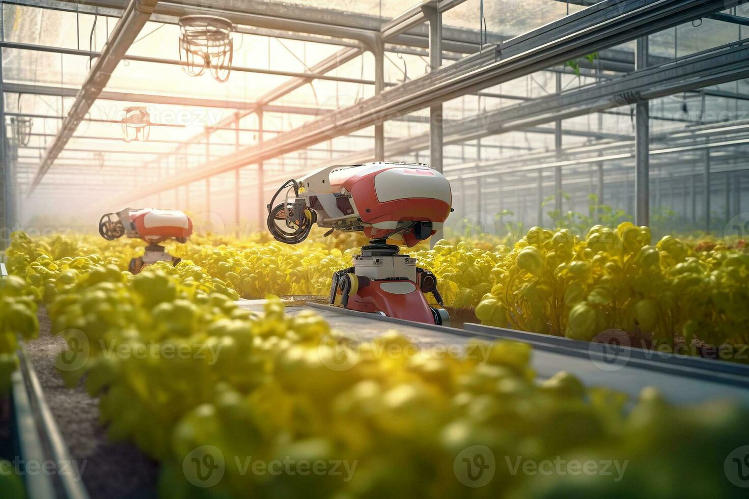 Smart Robotic Farmers Revolutionizing Agriculture. created with Generative AI photo