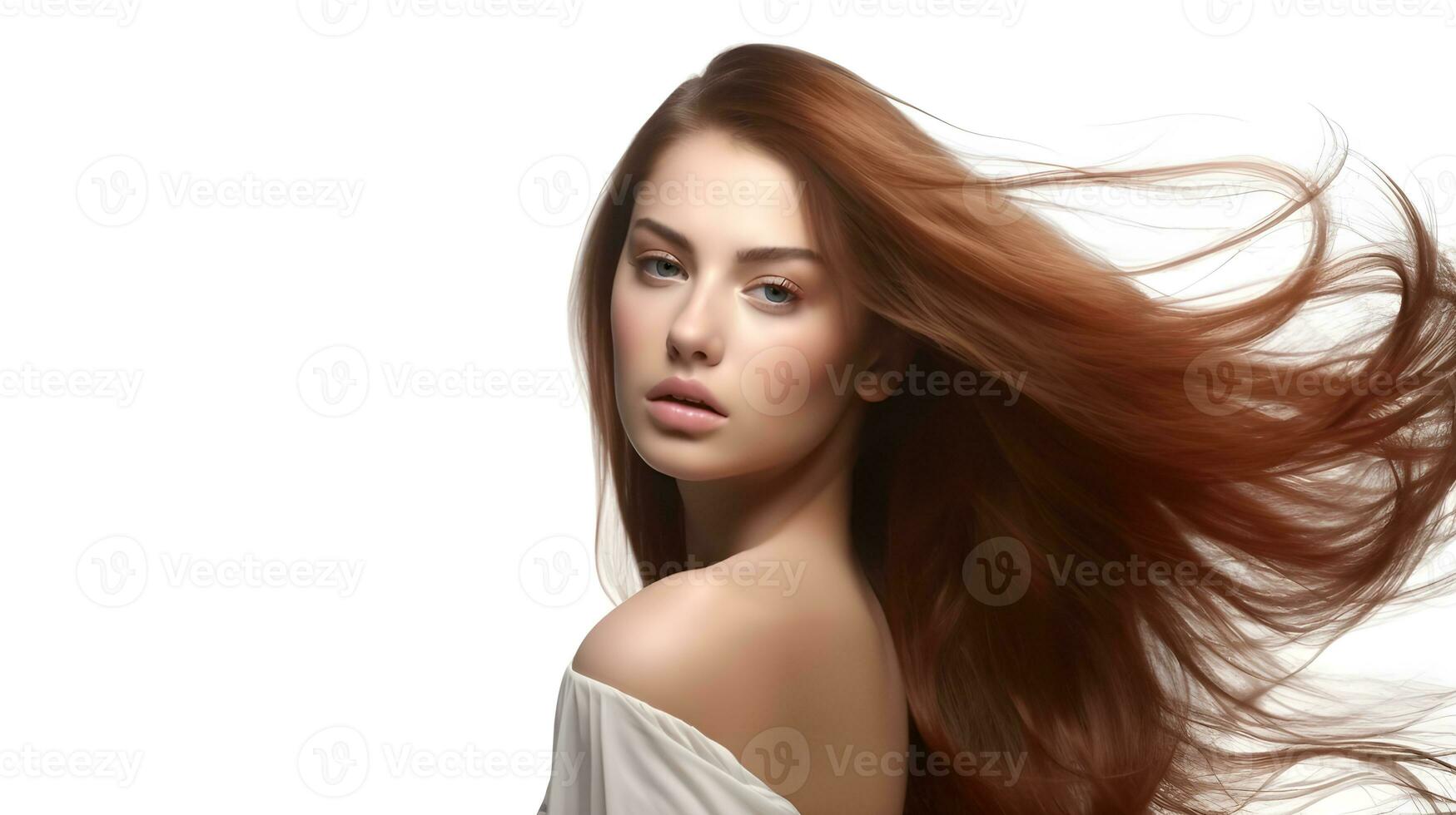 Dynamic Hair Portrait of a Young Woman Model Posing with Swinging Head Motion. created with Generative AI photo